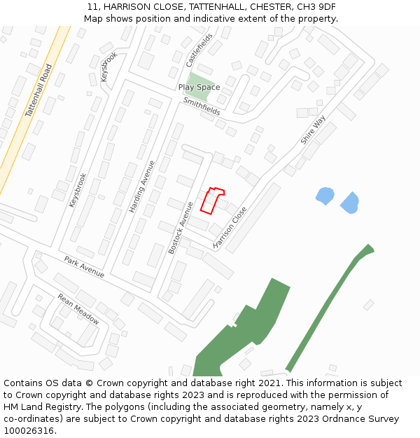 11, HARRISON CLOSE, TATTENHALL, CHESTER, CH3 9DF: Location map and indicative extent of plot