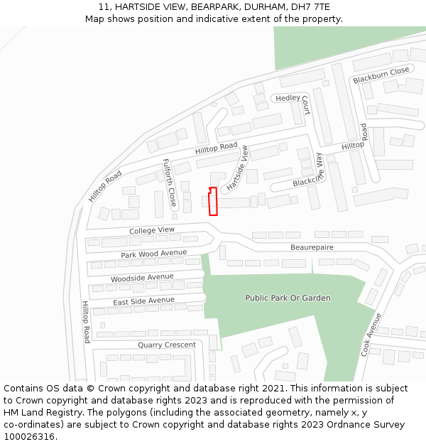 11, HARTSIDE VIEW, BEARPARK, DURHAM, DH7 7TE: Location map and indicative extent of plot