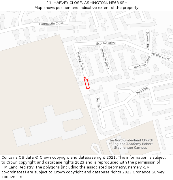 11, HARVEY CLOSE, ASHINGTON, NE63 9EH: Location map and indicative extent of plot