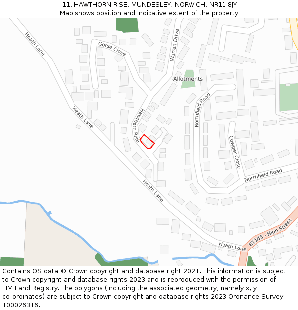 11, HAWTHORN RISE, MUNDESLEY, NORWICH, NR11 8JY: Location map and indicative extent of plot