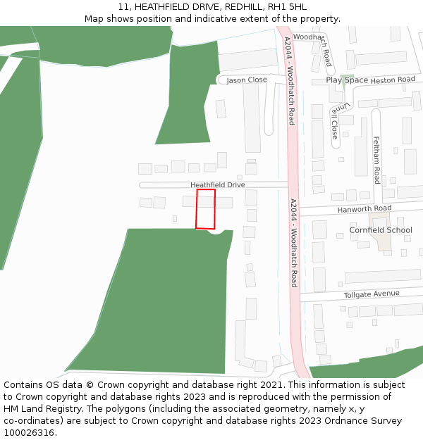 11, HEATHFIELD DRIVE, REDHILL, RH1 5HL: Location map and indicative extent of plot