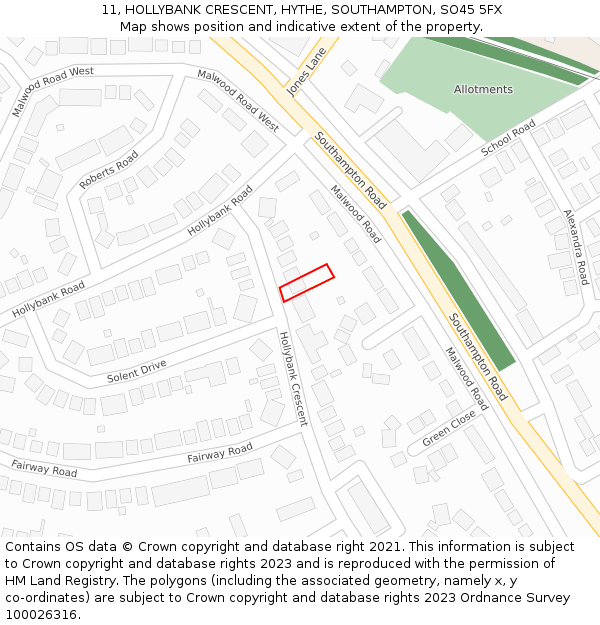 11, HOLLYBANK CRESCENT, HYTHE, SOUTHAMPTON, SO45 5FX: Location map and indicative extent of plot