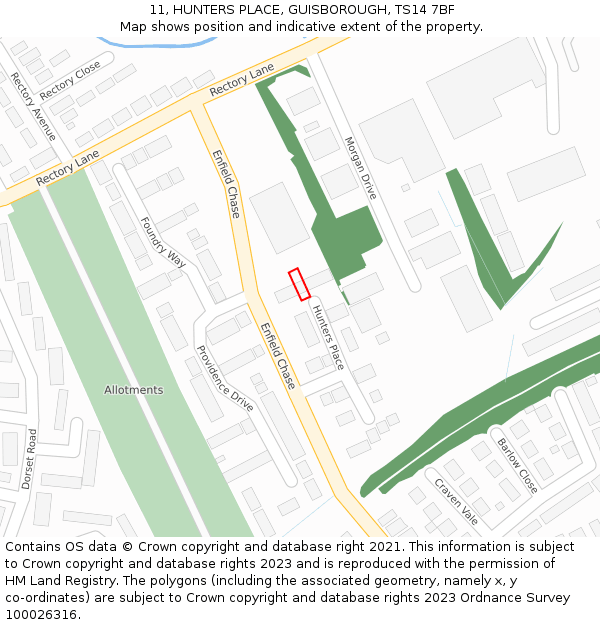 11, HUNTERS PLACE, GUISBOROUGH, TS14 7BF: Location map and indicative extent of plot