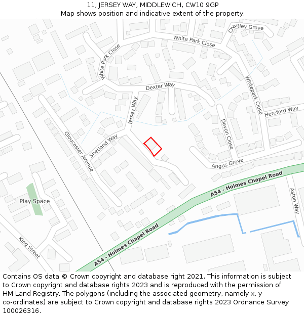 11, JERSEY WAY, MIDDLEWICH, CW10 9GP: Location map and indicative extent of plot