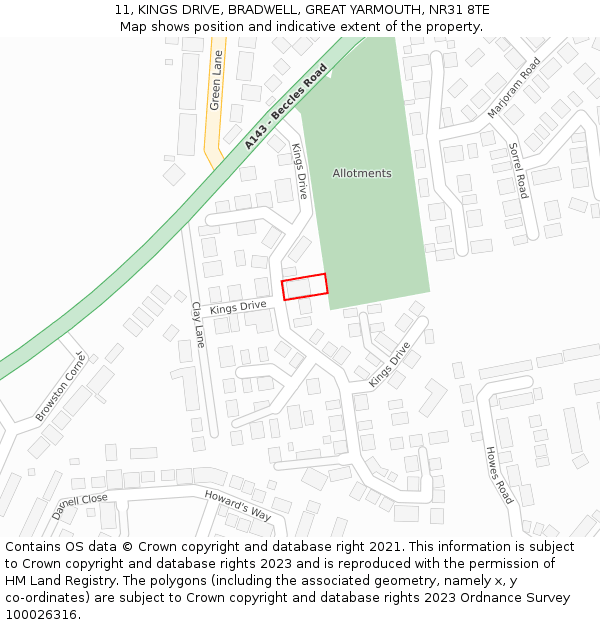 11, KINGS DRIVE, BRADWELL, GREAT YARMOUTH, NR31 8TE: Location map and indicative extent of plot