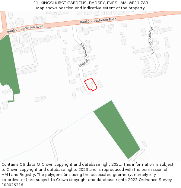 11, KINGSHURST GARDENS, BADSEY, EVESHAM, WR11 7AR: Location map and indicative extent of plot