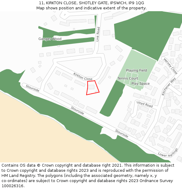 11, KIRKTON CLOSE, SHOTLEY GATE, IPSWICH, IP9 1QG: Location map and indicative extent of plot