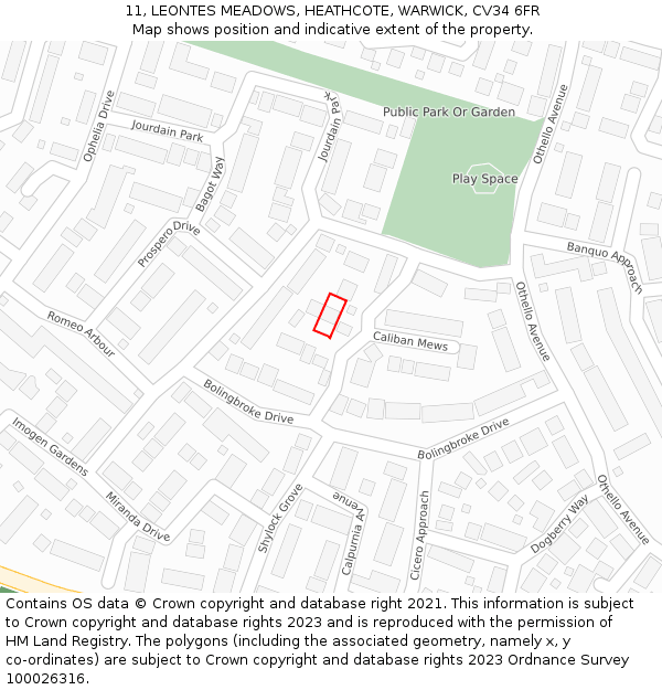 11, LEONTES MEADOWS, HEATHCOTE, WARWICK, CV34 6FR: Location map and indicative extent of plot