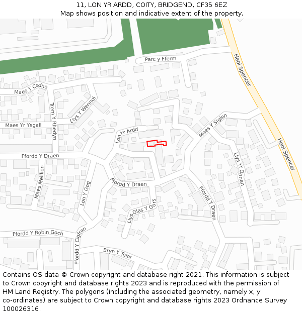 11, LON YR ARDD, COITY, BRIDGEND, CF35 6EZ: Location map and indicative extent of plot