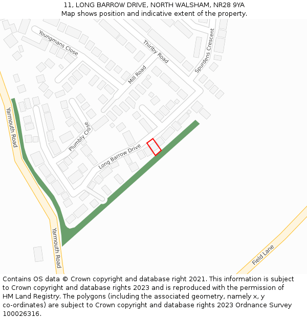 11, LONG BARROW DRIVE, NORTH WALSHAM, NR28 9YA: Location map and indicative extent of plot