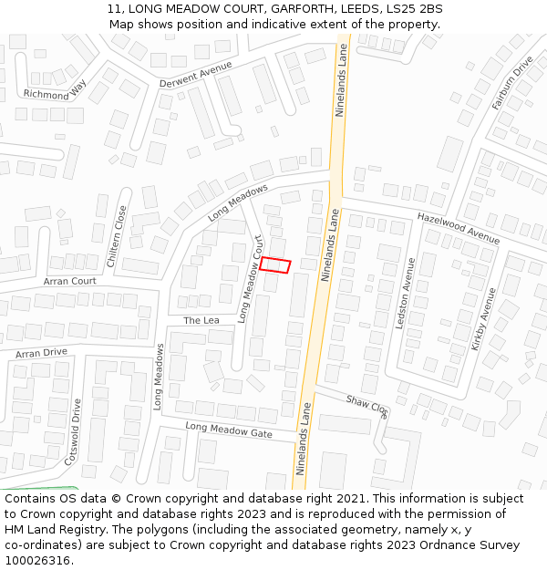 11, LONG MEADOW COURT, GARFORTH, LEEDS, LS25 2BS: Location map and indicative extent of plot