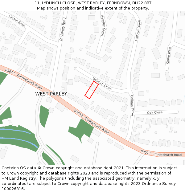 11, LYDLINCH CLOSE, WEST PARLEY, FERNDOWN, BH22 8RT: Location map and indicative extent of plot