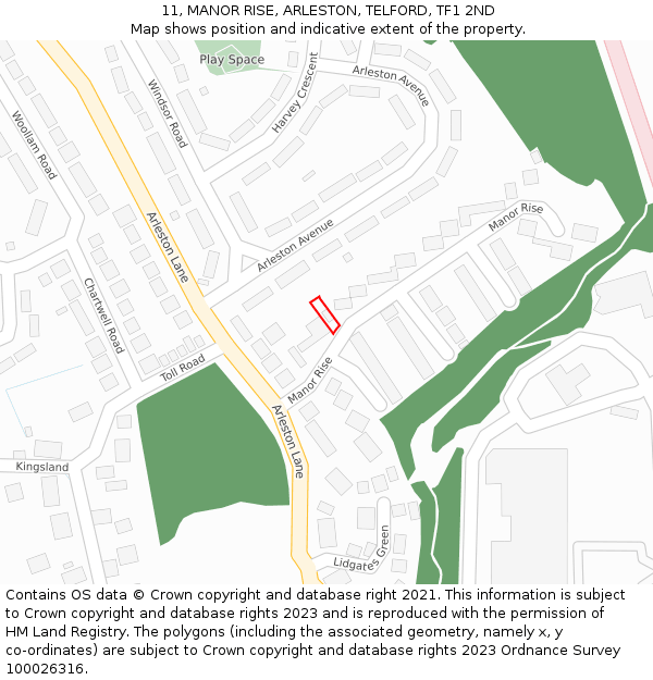 11, MANOR RISE, ARLESTON, TELFORD, TF1 2ND: Location map and indicative extent of plot