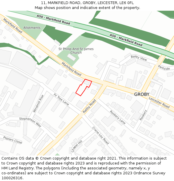 11, MARKFIELD ROAD, GROBY, LEICESTER, LE6 0FL: Location map and indicative extent of plot