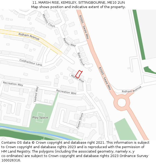 11, MARSH RISE, KEMSLEY, SITTINGBOURNE, ME10 2UN: Location map and indicative extent of plot