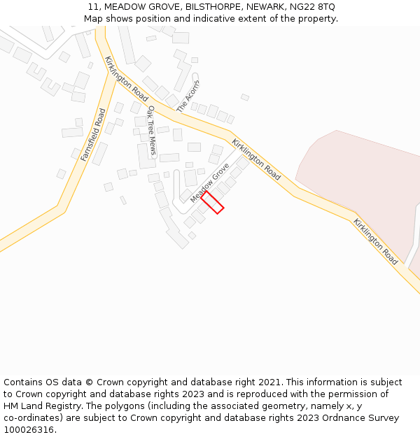 11, MEADOW GROVE, BILSTHORPE, NEWARK, NG22 8TQ: Location map and indicative extent of plot