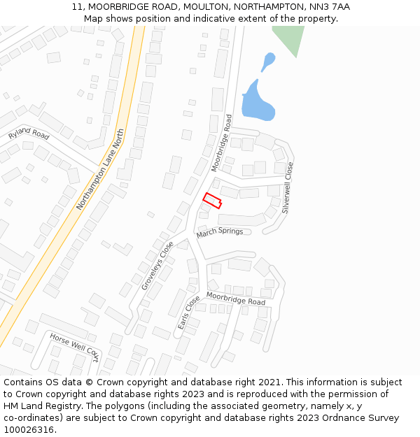 11, MOORBRIDGE ROAD, MOULTON, NORTHAMPTON, NN3 7AA: Location map and indicative extent of plot