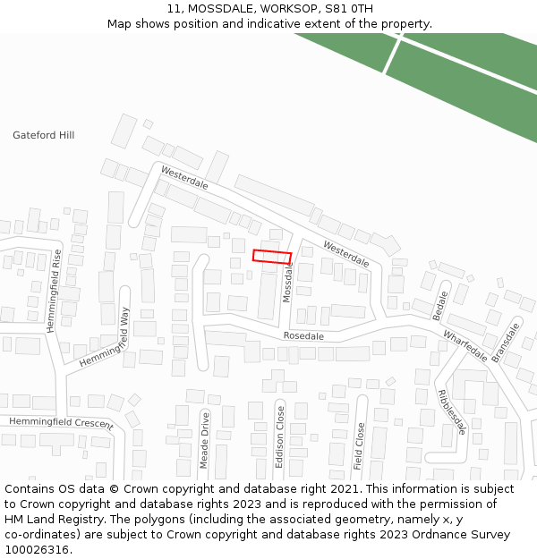 11, MOSSDALE, WORKSOP, S81 0TH: Location map and indicative extent of plot