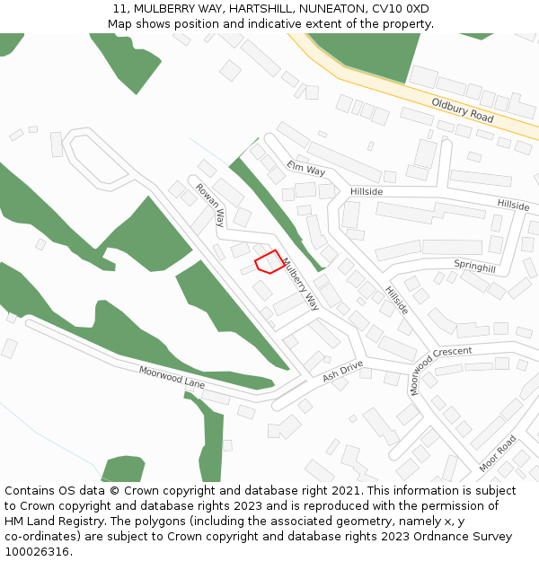 11, MULBERRY WAY, HARTSHILL, NUNEATON, CV10 0XD: Location map and indicative extent of plot