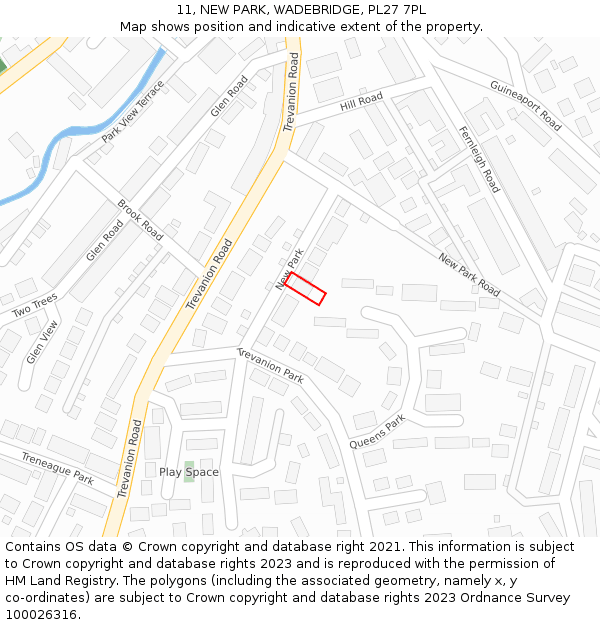 11, NEW PARK, WADEBRIDGE, PL27 7PL: Location map and indicative extent of plot