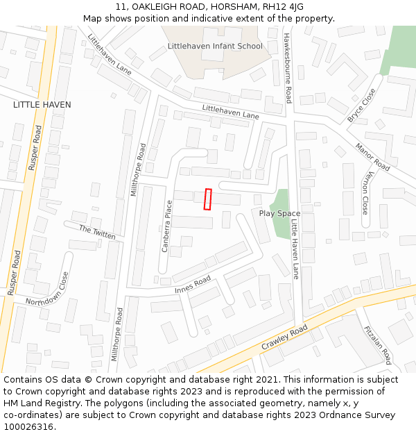 11, OAKLEIGH ROAD, HORSHAM, RH12 4JG: Location map and indicative extent of plot