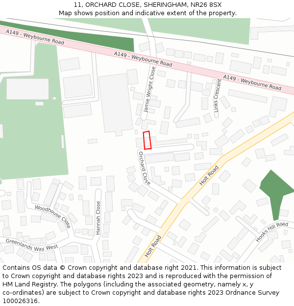 11, ORCHARD CLOSE, SHERINGHAM, NR26 8SX: Location map and indicative extent of plot