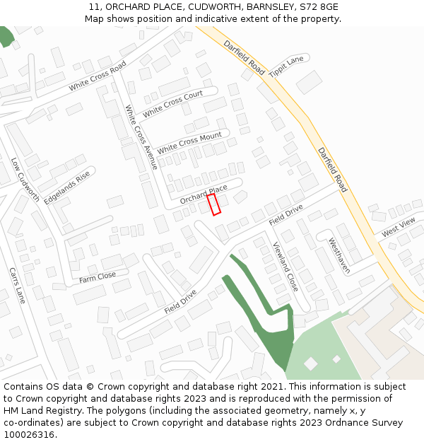 11, ORCHARD PLACE, CUDWORTH, BARNSLEY, S72 8GE: Location map and indicative extent of plot