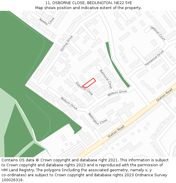 11, OSBORNE CLOSE, BEDLINGTON, NE22 5YE: Location map and indicative extent of plot