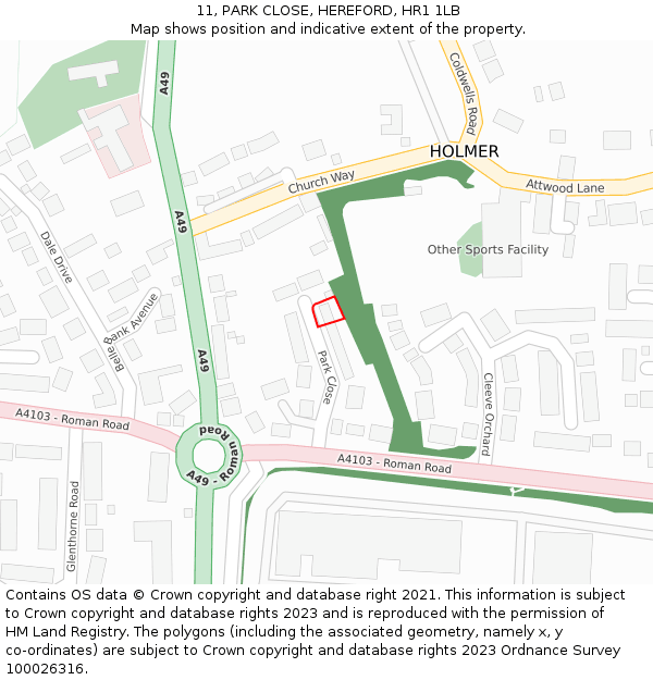 11, PARK CLOSE, HEREFORD, HR1 1LB: Location map and indicative extent of plot