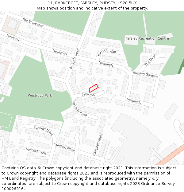 11, PARKCROFT, FARSLEY, PUDSEY, LS28 5UX: Location map and indicative extent of plot