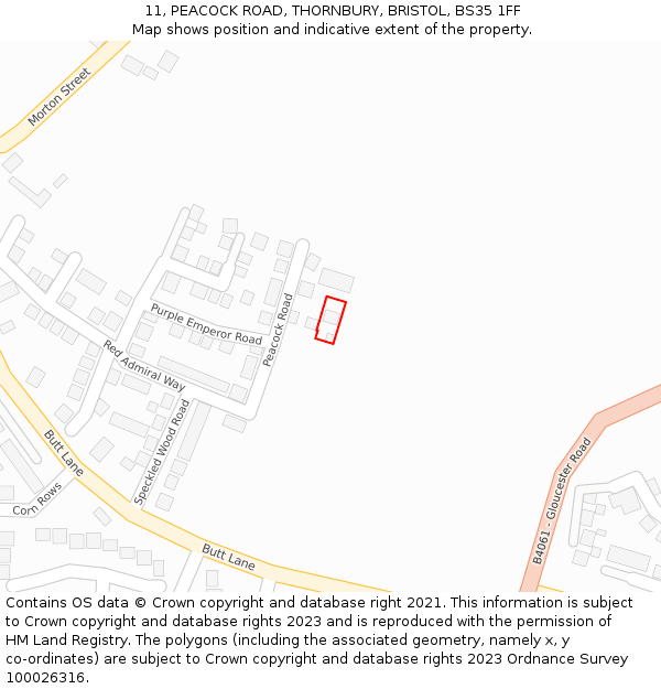 11, PEACOCK ROAD, THORNBURY, BRISTOL, BS35 1FF: Location map and indicative extent of plot