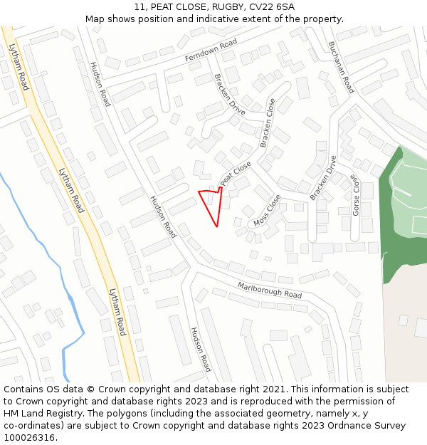 11, PEAT CLOSE, RUGBY, CV22 6SA: Location map and indicative extent of plot