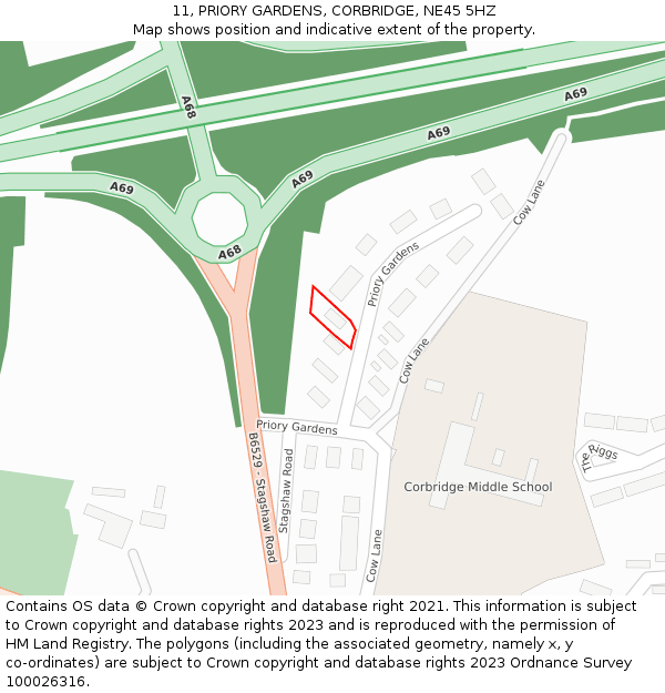 11, PRIORY GARDENS, CORBRIDGE, NE45 5HZ: Location map and indicative extent of plot