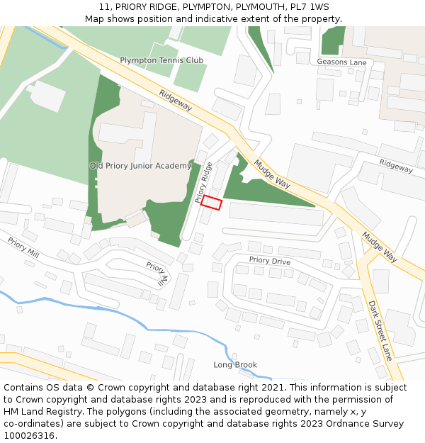 11, PRIORY RIDGE, PLYMPTON, PLYMOUTH, PL7 1WS: Location map and indicative extent of plot