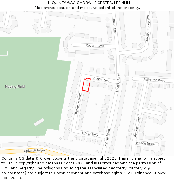 11, QUINEY WAY, OADBY, LEICESTER, LE2 4HN: Location map and indicative extent of plot