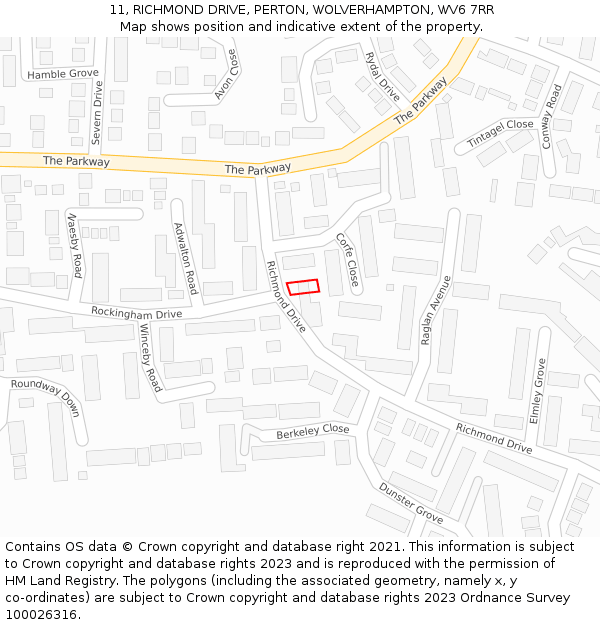 11, RICHMOND DRIVE, PERTON, WOLVERHAMPTON, WV6 7RR: Location map and indicative extent of plot