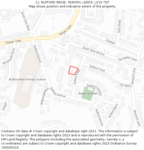 11, RUFFORD RIDGE, YEADON, LEEDS, LS19 7QT: Location map and indicative extent of plot