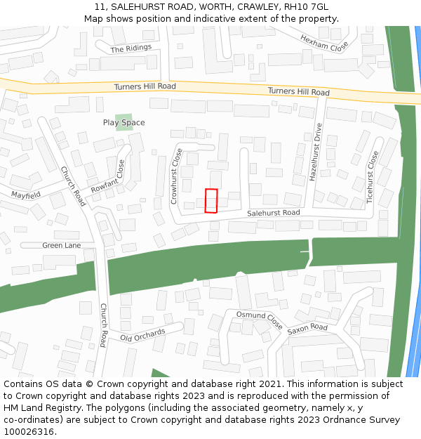 11, SALEHURST ROAD, WORTH, CRAWLEY, RH10 7GL: Location map and indicative extent of plot