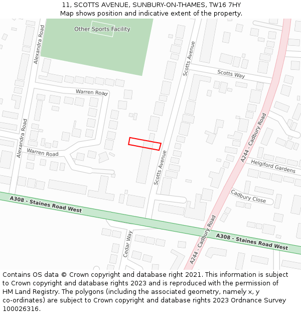 11, SCOTTS AVENUE, SUNBURY-ON-THAMES, TW16 7HY: Location map and indicative extent of plot