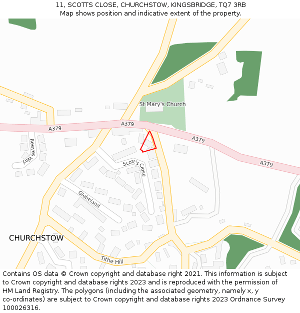 11, SCOTTS CLOSE, CHURCHSTOW, KINGSBRIDGE, TQ7 3RB: Location map and indicative extent of plot