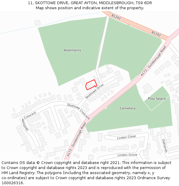 11, SKOTTOWE DRIVE, GREAT AYTON, MIDDLESBROUGH, TS9 6DR: Location map and indicative extent of plot