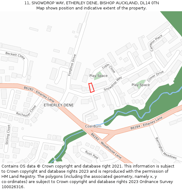 11, SNOWDROP WAY, ETHERLEY DENE, BISHOP AUCKLAND, DL14 0TN: Location map and indicative extent of plot