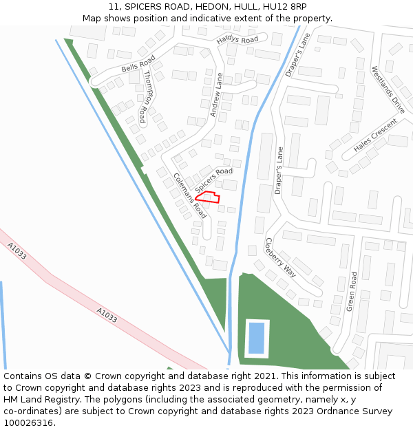 11, SPICERS ROAD, HEDON, HULL, HU12 8RP: Location map and indicative extent of plot