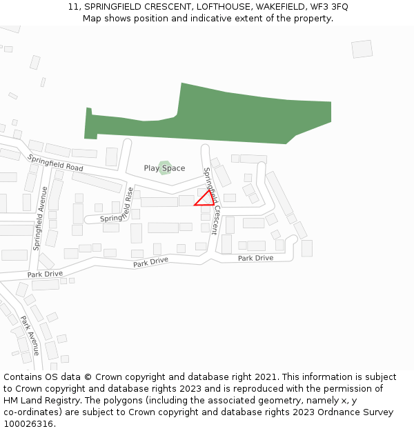 11, SPRINGFIELD CRESCENT, LOFTHOUSE, WAKEFIELD, WF3 3FQ: Location map and indicative extent of plot