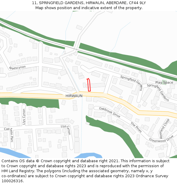 11, SPRINGFIELD GARDENS, HIRWAUN, ABERDARE, CF44 9LY: Location map and indicative extent of plot