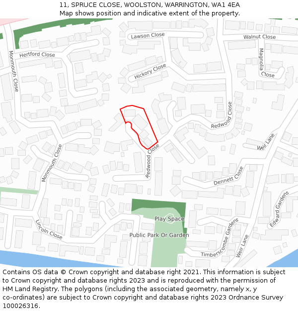 11, SPRUCE CLOSE, WOOLSTON, WARRINGTON, WA1 4EA: Location map and indicative extent of plot