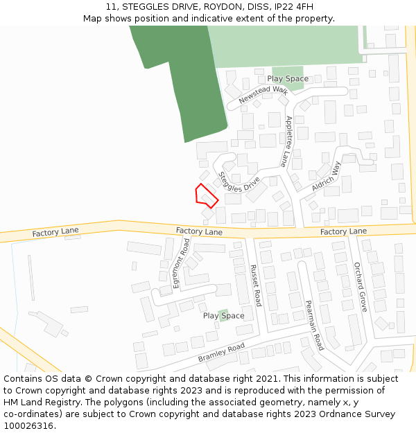 11, STEGGLES DRIVE, ROYDON, DISS, IP22 4FH: Location map and indicative extent of plot