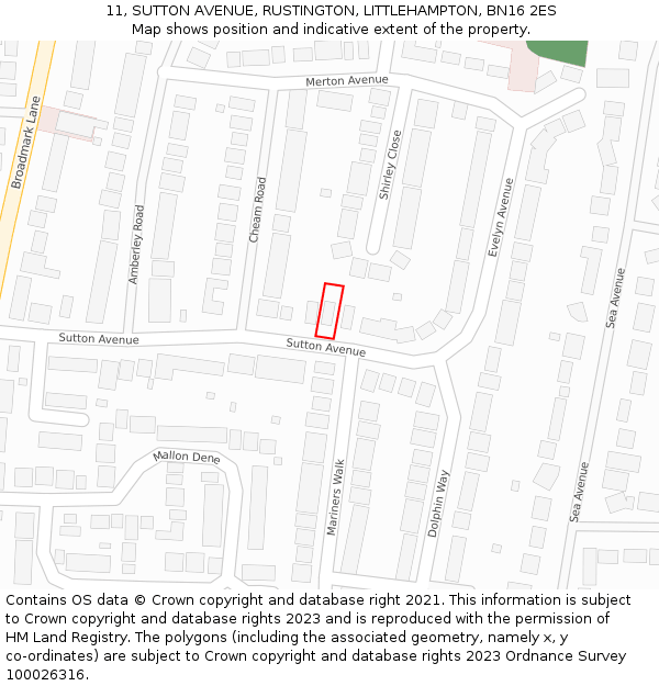 11, SUTTON AVENUE, RUSTINGTON, LITTLEHAMPTON, BN16 2ES: Location map and indicative extent of plot