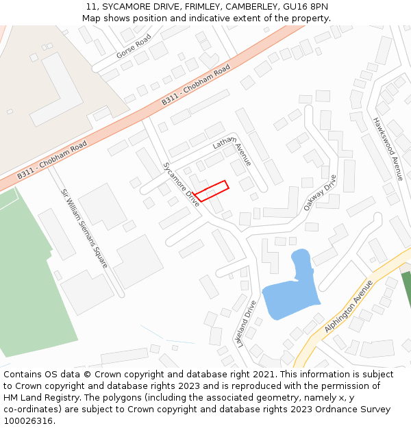 11, SYCAMORE DRIVE, FRIMLEY, CAMBERLEY, GU16 8PN: Location map and indicative extent of plot