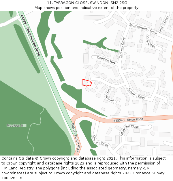 11, TARRAGON CLOSE, SWINDON, SN2 2SG: Location map and indicative extent of plot